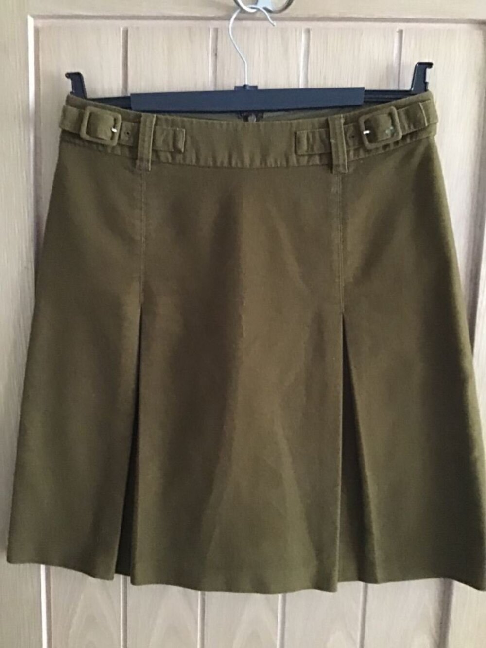 Olive Green A Line Skirt Buckle Waist Pleated Knee Length Skirt
